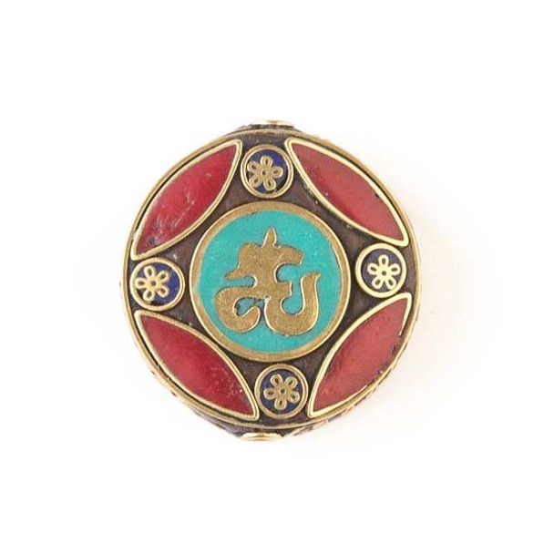 Tibetan Brass 30mm Coin Bead with Sign, Flowers, and Red Marquis Inlay - 1 per bag