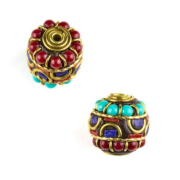 Tibetan Brass 16x17mm Round Barrel Bead with Turquoise Howlite, Lapis, and Red Coral Inlay and Half Circles - 1 per bag