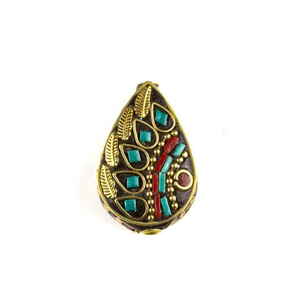 Tibetan Brass 17x26mm Teardrop Bead with Turquoise Howlite and Red Coral Inlay and Feathers and Teardrops - 1 per bag
