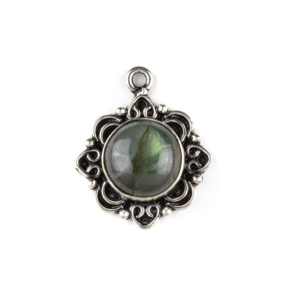 Silver Plated Brass Fancy Bezel Pendant - Labradorite 21x25mm Coin Drop, style #01