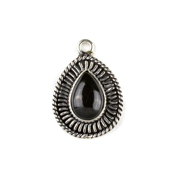 Silver Plated Brass Fancy Bezel Pendant - Onyx 18x26mm Teardrop Drop, style #06