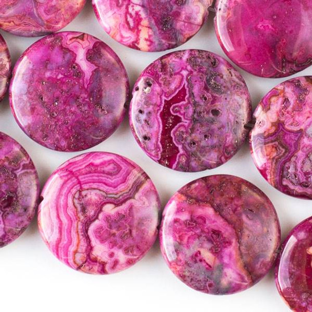 Fuchsia Pink Crazy Lace Agate 30mm Coins - 16 inch strand