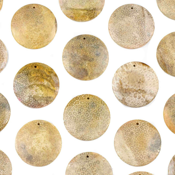 Cherry Tree Beads Fossilized Coral 40mm Top Front to Back Drilled Coin Pendant with a Flat Back - 1 per bag 