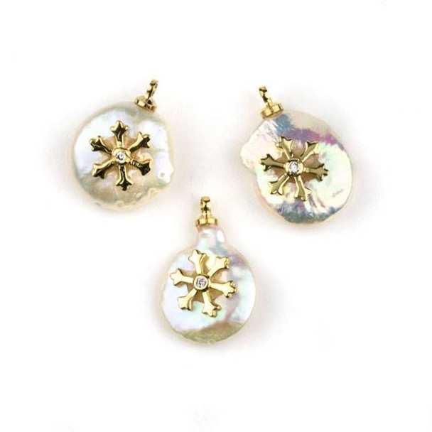 Fresh Water Pearl 11-13mm White Coin Pendant with Gold Plated Brass Bail and Clear Cubic Zirconia Pave Snowflake -  1 per bag