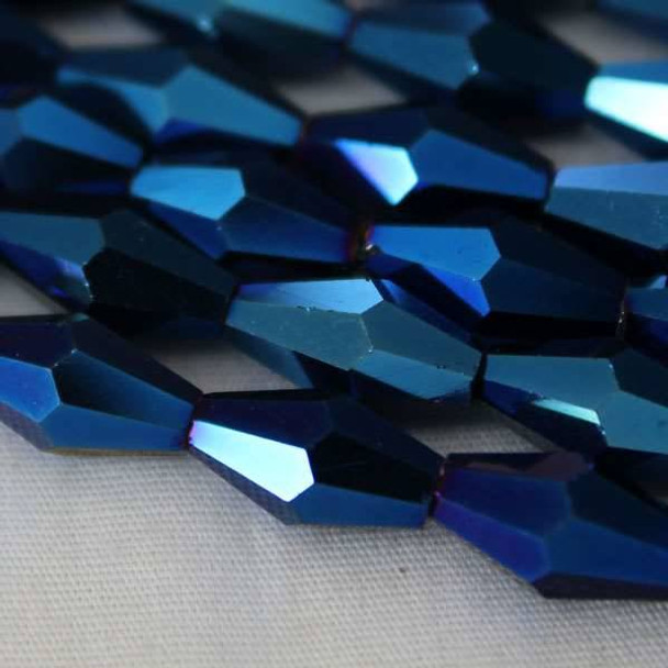 Glass Crystal Faceted 6x12mm Opaque Blue Rainbow Long Bicone - approx. 8 inch strand