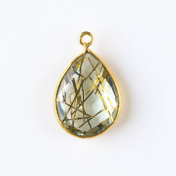 Gold Rutilated Quartz approximately 13x20mm Faceted Teardrop Drop with a Gold Plated Brass Bezel