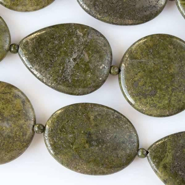 Cherry Tree Beads Moss Green Pyrite 35mm Coins, 30x40mm Ovals, and 30x40mm Teardrops alternating with 4mm Rounds - approx. 16 inch strand 