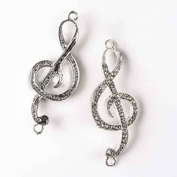 Pave 19x50mm Silver Pewter Treble Cleft Music Link with Crystals - 3 per bag