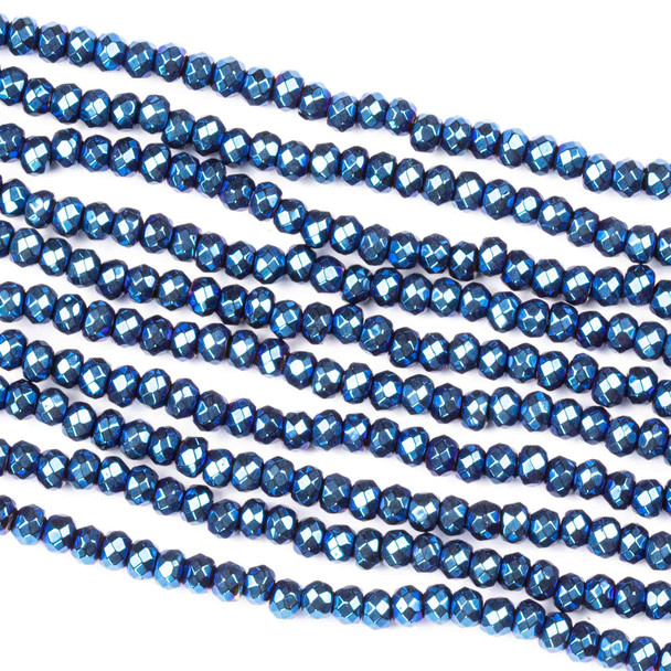 Hematite 2x3mm Electroplated Blue Faceted Rondelle - approx. 8 inch strand