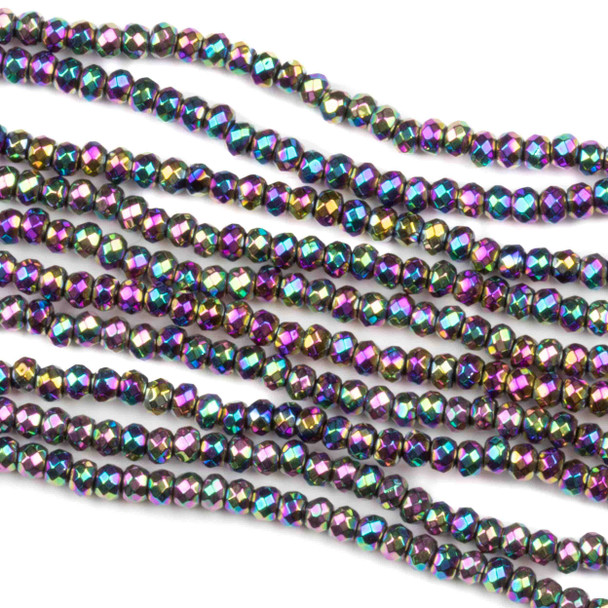 Hematite 2x3mm Electroplated Purple Rainbow Faceted Rondelle - approx. 8 inch strand