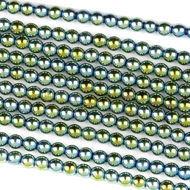 Hematite 3mm Electroplated Green Round Beads - approx. 8 inch strand