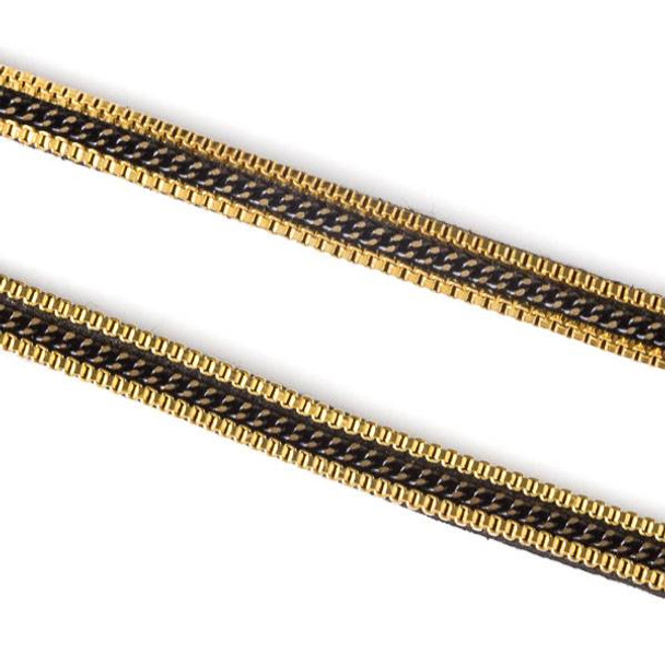 Gold and Black Chain on Black Microsuede Cord - 5mm Flat, 3 yards #HF001