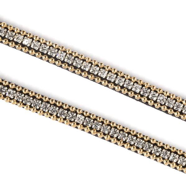 Gold Ball Chain and Square Crystal on Black Microsuede Cord - 5mm Flat, 3 yards #HF009