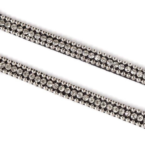 Silver Ball Chain and Round Crystal on Black Microsuede Cord - 5mm Flat, 3 yards #HF011