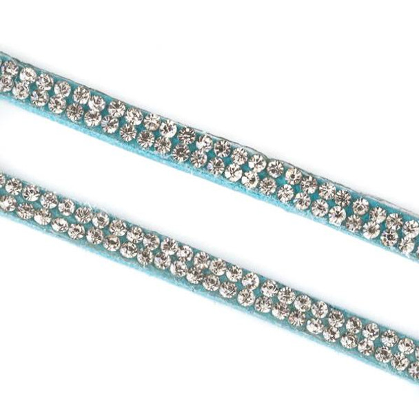 2 Rows of Crystals on Turquoise Blue Microsuede Cord - 5mm Flat, 3 yards #HF018