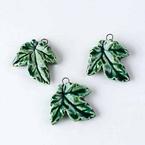 Handmade Ceramic 28x30mm Maple Leaf Pendant in an Emerald Green Glaze