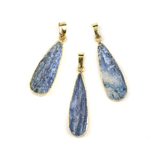 Natural Kyanite 12x33mm Long Teardrop Pendant with Gold Plated Edges and Bail - 1 per bag