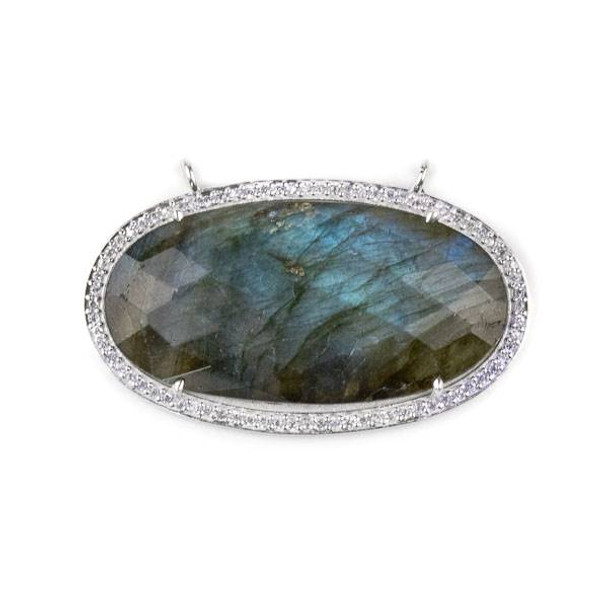 Labradorite 25x44mm Faceted Oval Pendant Drop with Silver Plated Brass Bezel and Cubic Zirconias - 1 per bag