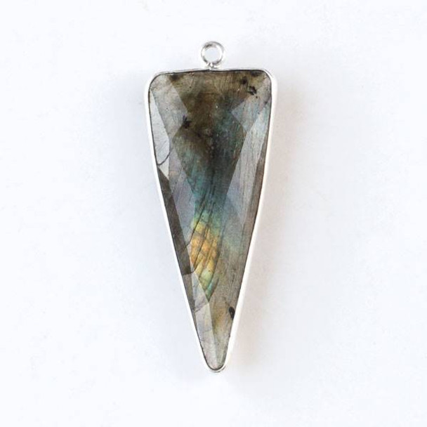 Labradorite 16x39mm Faceted Long Triangle Drop with a Silver Plated Brass Bezel