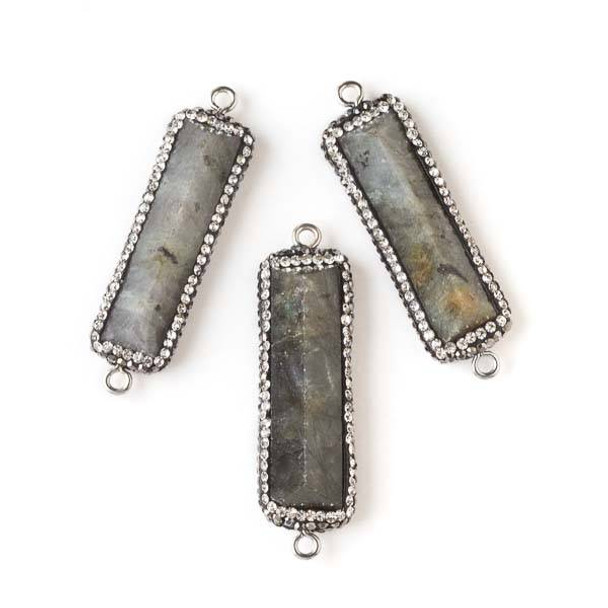 Labradorite 12x35mm Rectangle Link with Raised Center and Pave Edging - 1 per bag