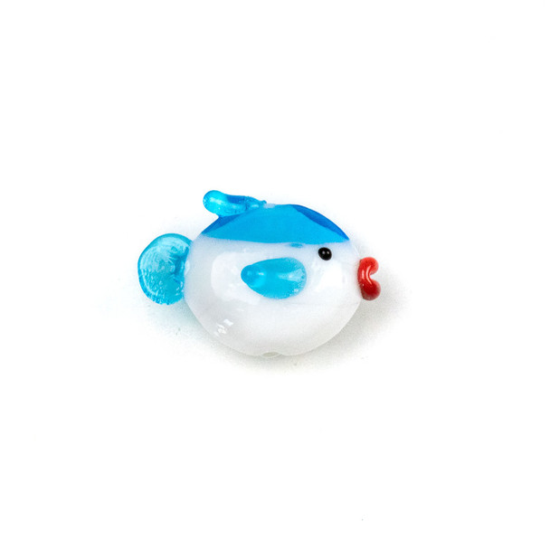 Handmade Lampwork Glass 16x24mm White Fish Bead with Aqua Blue Fins - 1 per bag