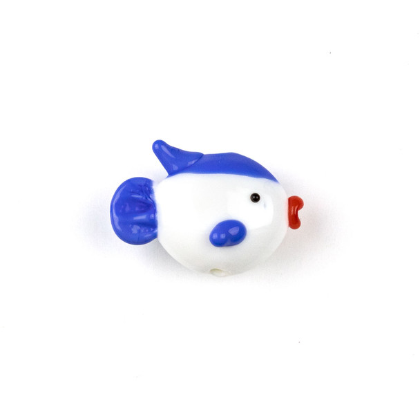 Handmade Lampwork Glass 16x24mm White Fish Bead with Blue Fins - 1 per bag