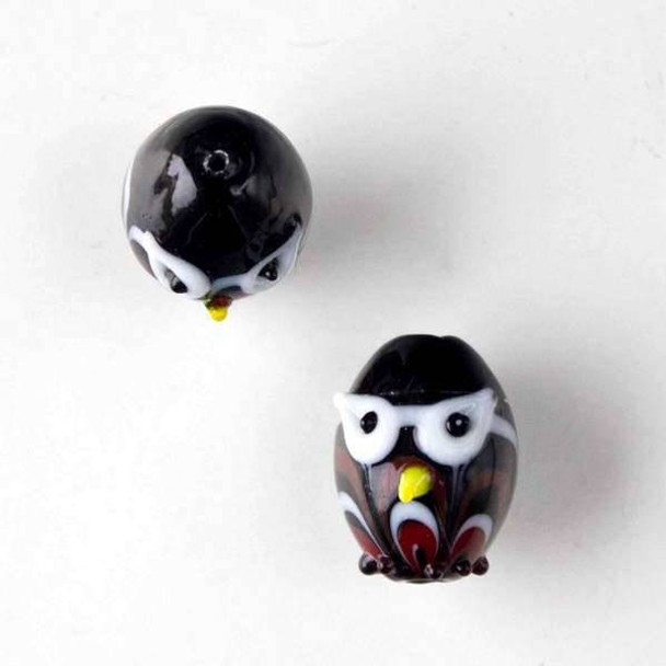 Lampwork Glass 14x18mm Black Egg Shaped Owl with Red and White Waves and White Eyes