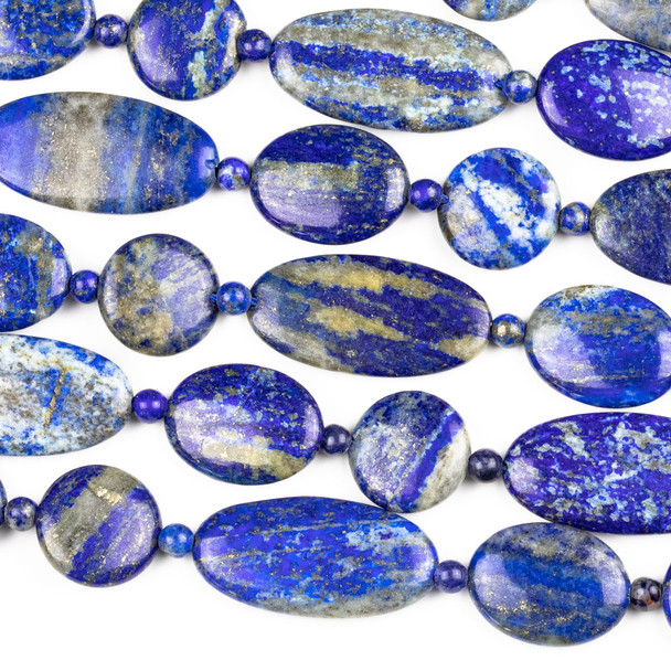 Lapis 15x20mm and 15x30mm Oval Beads, 15mm Coin Beads, and 4mm Round Beads - 15 inch mixed strand