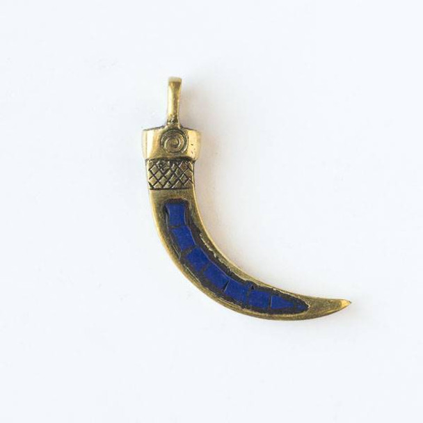 Tibetan Brass 13x60mm Tusk Pendant with Lapis Inlay and Spiral