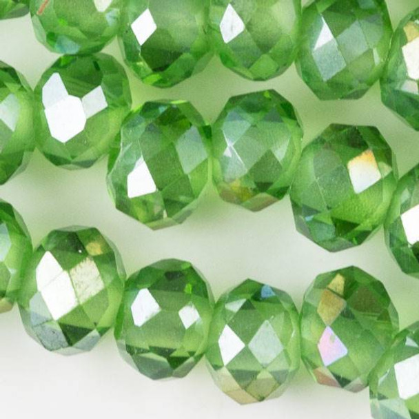 Large Hole Faceted Crystal 6x8mm Chrysolite Green Rondelles with an AB finish and approximately a 2.5mm Drilled Hole - approx. 8 inch strand