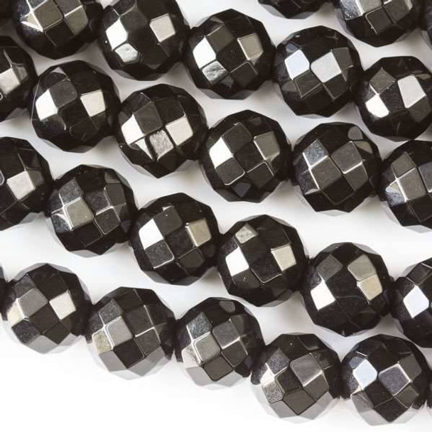 Faceted Large Hole Black Obsidian 10mm Round with a 2.5mm Drilled Hole - approx. 8 inch strand