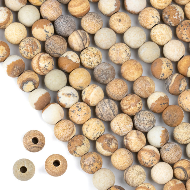 Matte Large Hole Picture Jasper 8mm Round Beads with a 2.5mm Drilled Hole - approx. 8 inch strand