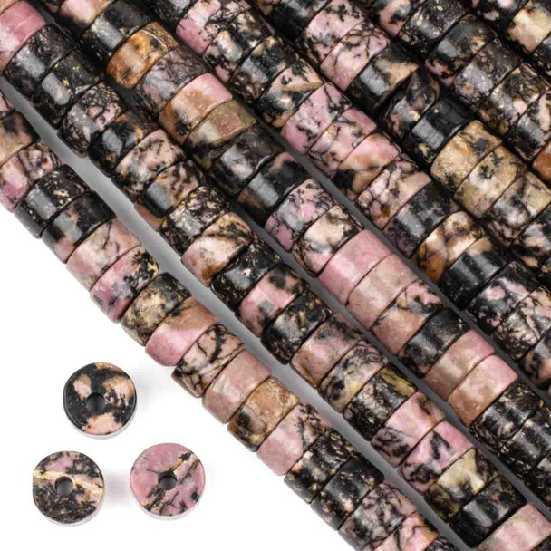Large Hole Rhodonite with Matrix 3-5x10mm Heishi Beads with 2.5mm Drilled Hole - approx. 8 inch strand