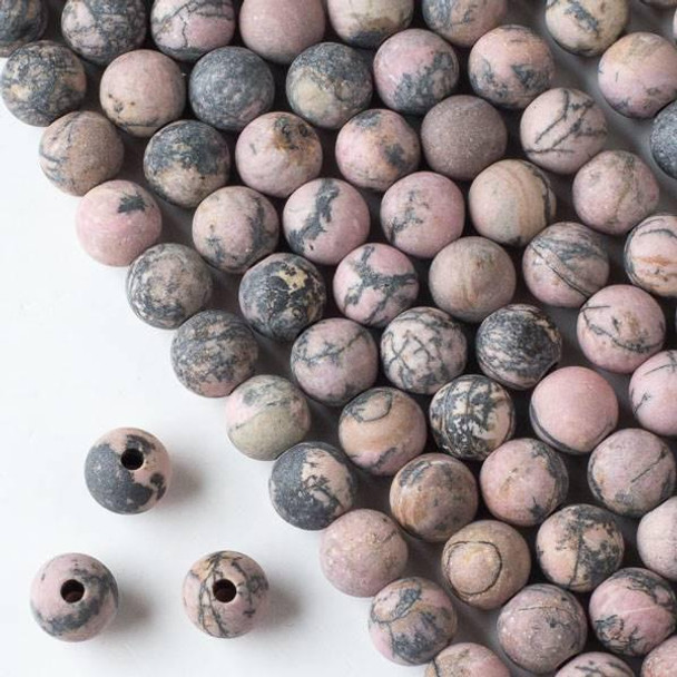 Cherry Tree Beads Matte Large Hole Rhodonite with Matrix 10mm Round Beads with 2.5mm Drilled Hole - approx. 8 inch strand 
