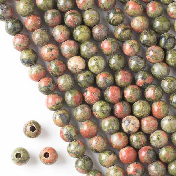 Large Hole Unakite 8mm Round Beads with a 2.5mm Drilled Hole - approx. 8 inch strand