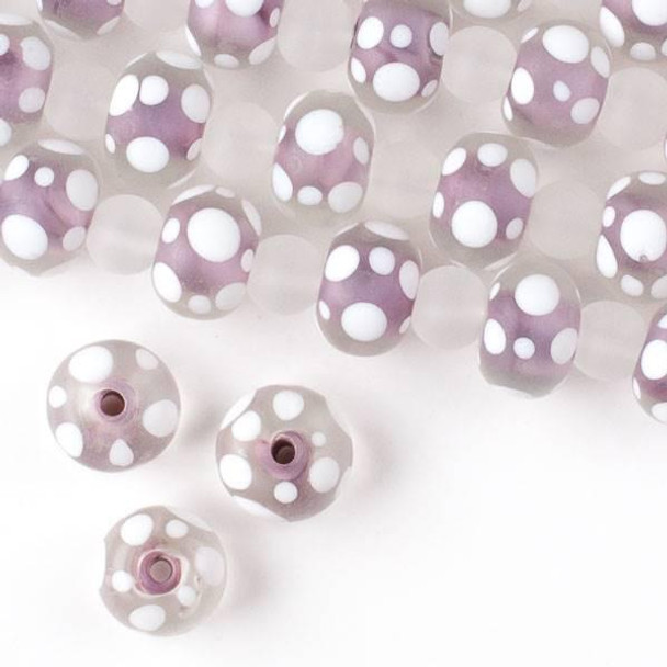 Cherry Tree Beads Large Hole Handmade Lampwork Glass 10x14mm Matte Rondelle Beads with a Purple Core, a 2mm Hole, and White Bubbles - approx. 8 inch strand 