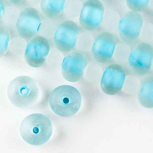 Large Hole Handmade Lampwork Glass 10x14mm Matte Rondelle Beads with a Light Aqua Blue Core and a 2mm Hole - approx. 8 inch strand