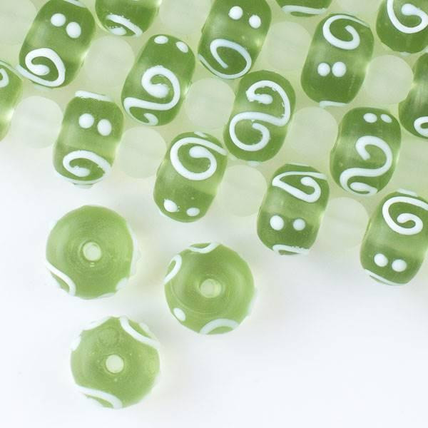 Cherry Tree Beads Large Hole Handmade Lampwork Glass 10x14mm Matte Light Green Rondelle Beads with a 2mm Hole and White Swirls and Dots - approx. 8 inch strand 