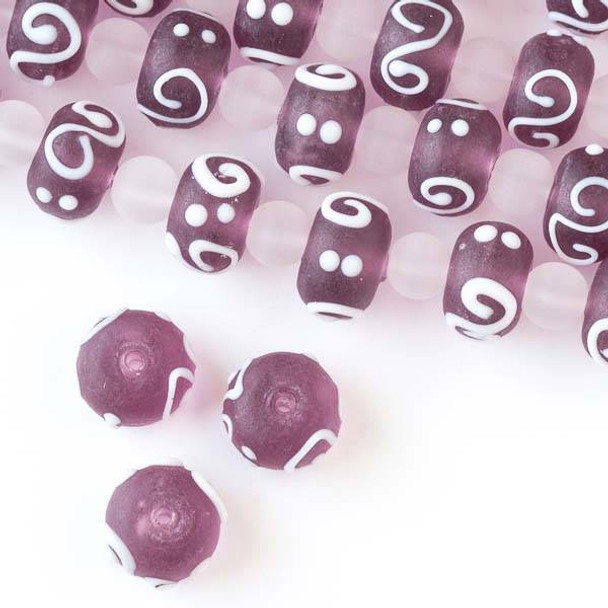 Large Hole Handmade Lampwork Glass 10x14mm Matte Purple Rondelle Beads with a 2mm Hole and White Swirls and Dots - approx. 8 inch strand