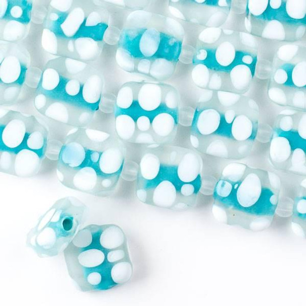 Cherry Tree Beads Large Hole Handmade Lampwork Glass 14mm Matte Square Beads with an Aqua Blue Core, a 2mm Hole, and White Bubbles  - approx. 8 inch strand 