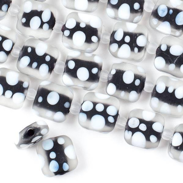 Cherry Tree Beads Large Hole Handmade Lampwork Glass 14mm Matte Square Beads with a Black Core, a 2mm Hole, and White Bubbles  - approx. 8 inch strand 