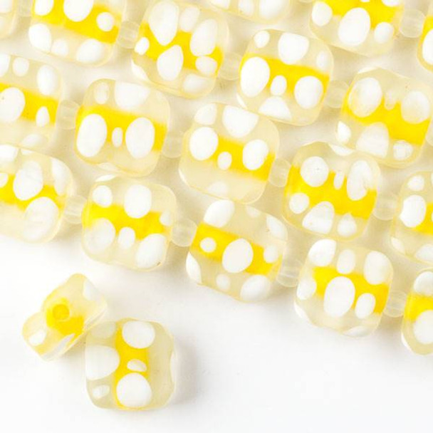 Large Hole Handmade Lampwork Glass 14mm Matte Square Beads with a Yellow Core, a 2mm Hole, and White Bubbles  - approx. 8 inch strand
