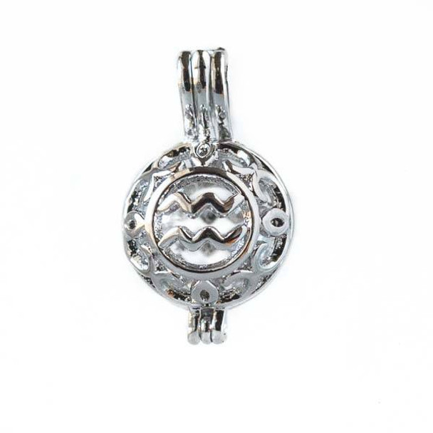 Silver 12x20mm Small Round Zodiac Prayer Box/Oil Diffuser Pendant with Aquarius Pattern - #A101