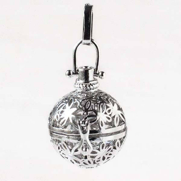 Bright Silver Brass 21x44mm Round Prayer Box/Oil Diffuser Pendant with a Butterfly Pattern - #159