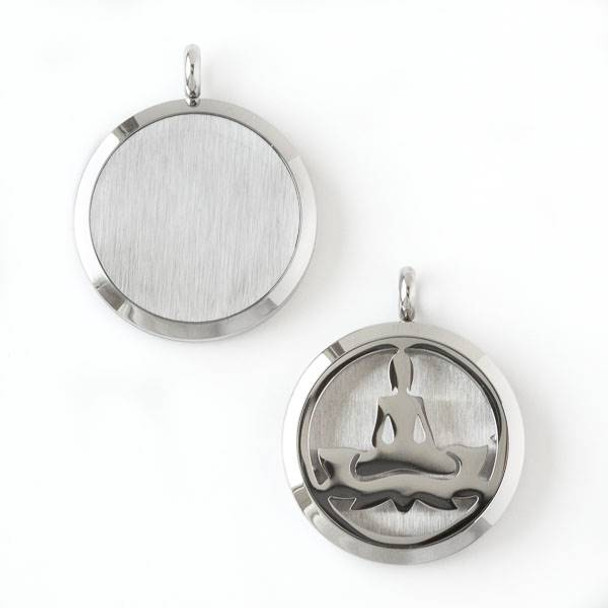 Silver Stainless Steel 30x36mm Locket/Oil Diffuser Pendant with a Yoga Lotus Pose - 1 per bag, #001