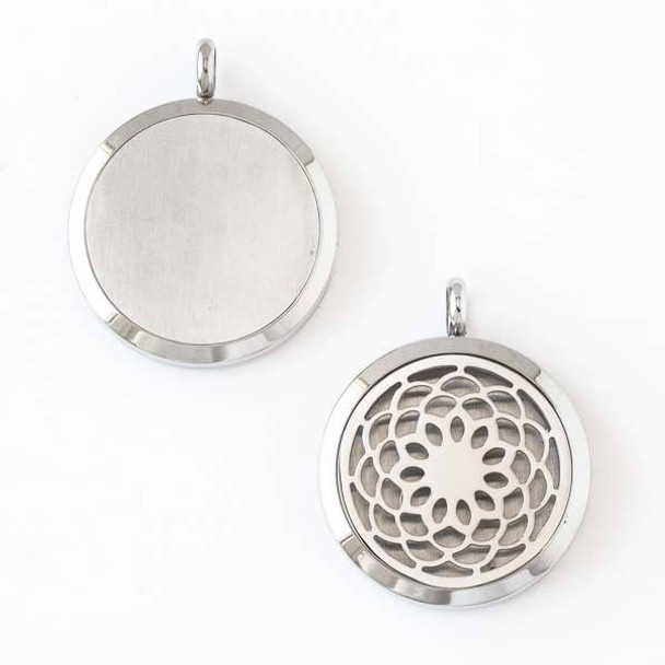 Silver Stainless Steel 30x36mm Locket/Oil Diffuser Pendant with a Zinnia Flower - 1 per bag, #012