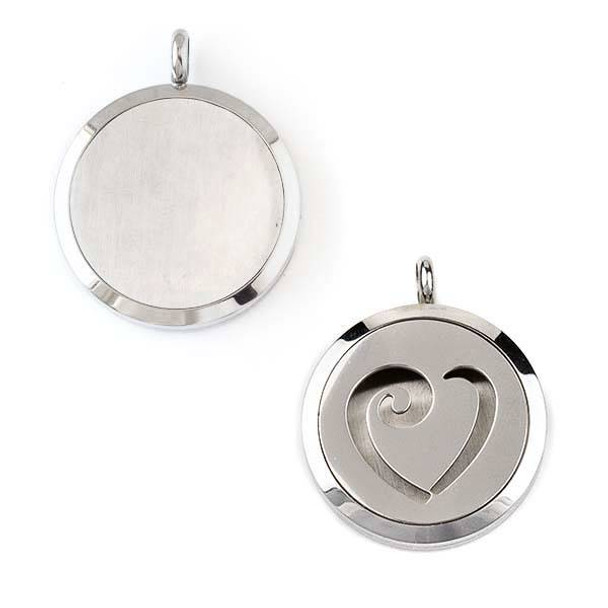 Silver Stainless Steel 30x36mm Locket/Oil Diffuser Pendant with a Swirled Heart - 1 per bag, #063