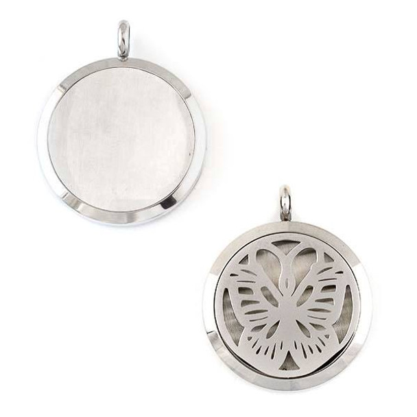 Silver Stainless Steel 30x36mm Locket/Oil Diffuser Pendant with a Swallowtail Butterfly - 1 per bag, #066