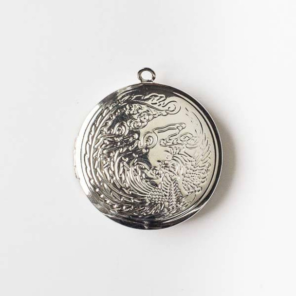 Bright Silver 32mm Locket with Dragon Etching - 1 per bag