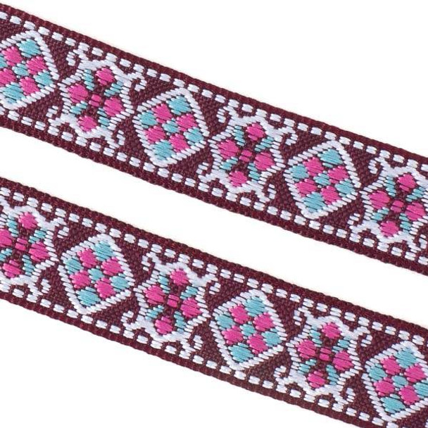 Embroidered Burgundy and Light Blue Tribal Ribbon - 18mm Flat, 5 yards #LY038